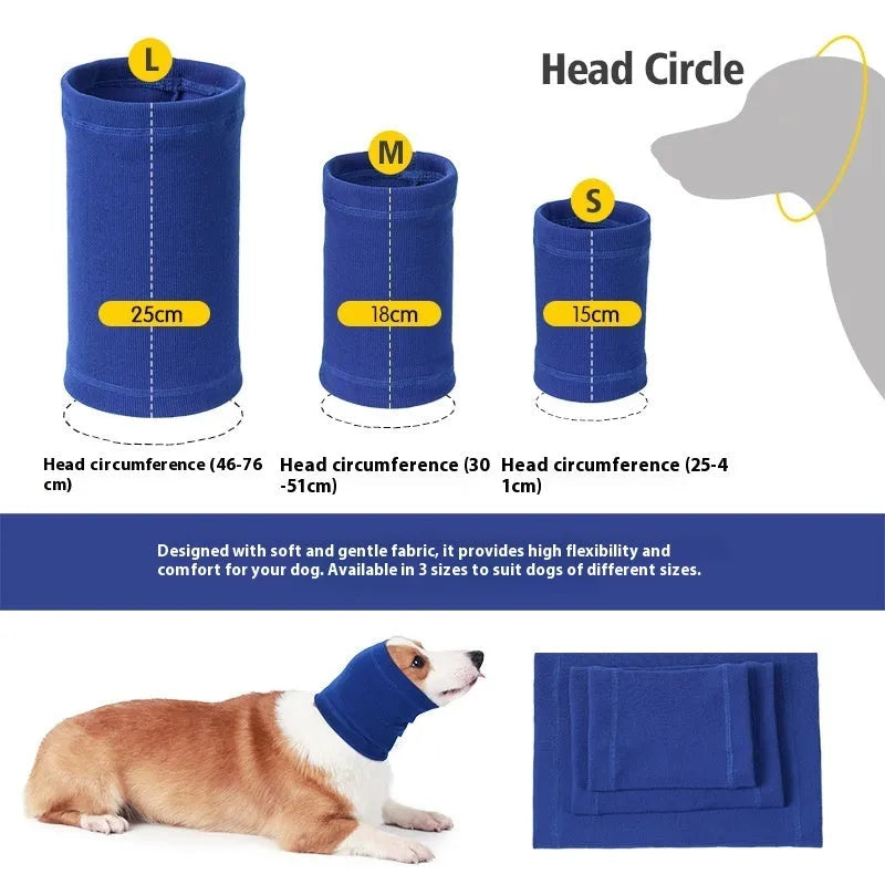 Blue and grey polyester dog comforter headband scarf showing casual bandana style with S M L size options