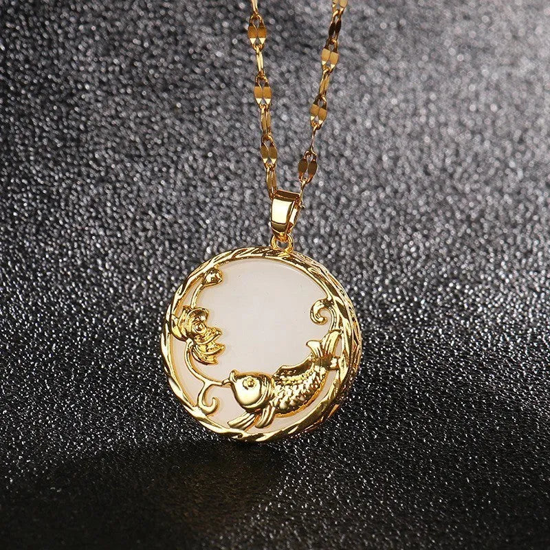 Gold-plated titanium steel necklace with geometric koi pendant and micro inlay, O-ring chain, polished finish