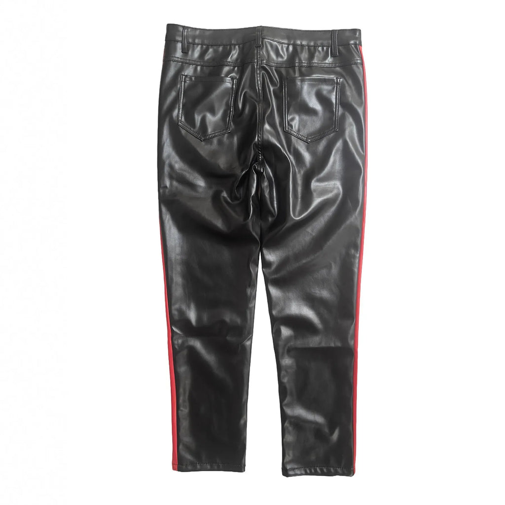 Black PU leather skinny cropped trousers mid waist button fly dance nightclub women