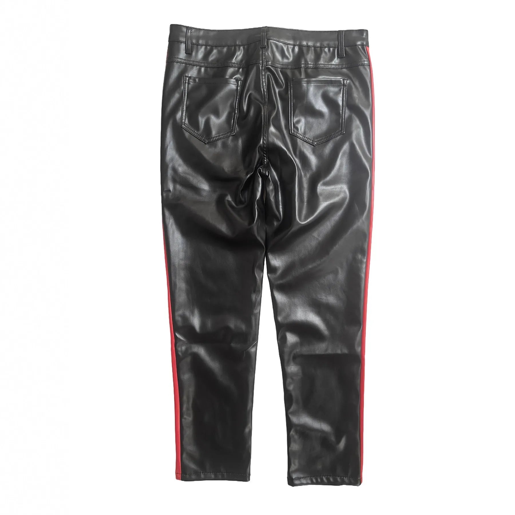 Black PU leather skinny cropped trousers mid waist button fly dance nightclub women