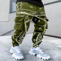 Men's loose wide-leg harem trousers with letter print in cotton blend, mid-waist tie closure