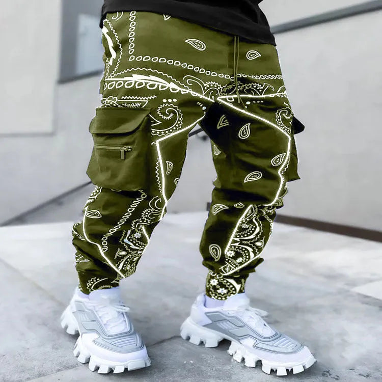 Men's loose wide-leg harem trousers with letter print in cotton blend, mid-waist tie closure
