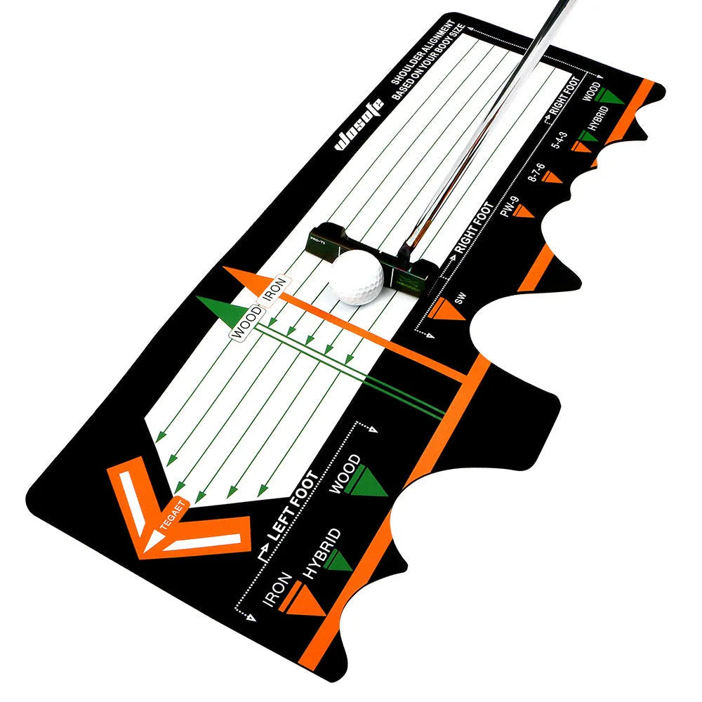 Black neoprene golf swing training pad with alignment markings on a green artificial turf surface.