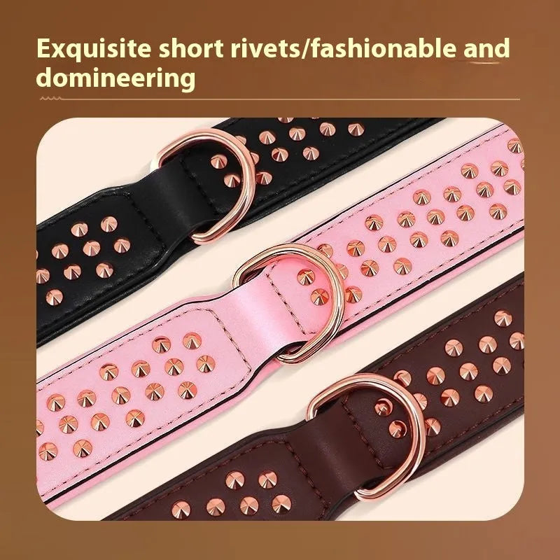 Leather dog collar with metal anti-bite rivets in chocolate, pink, or black colour for medium to large dogs