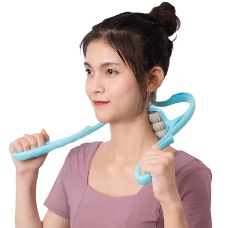 Blue plastic handheld six-wheel manual massager for neck, shoulder, and waist.