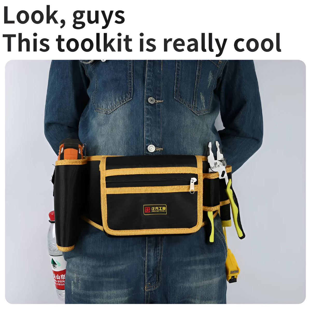 Yellow canvas electrician tool waist bag with belt and multi-function storage for small repair tools