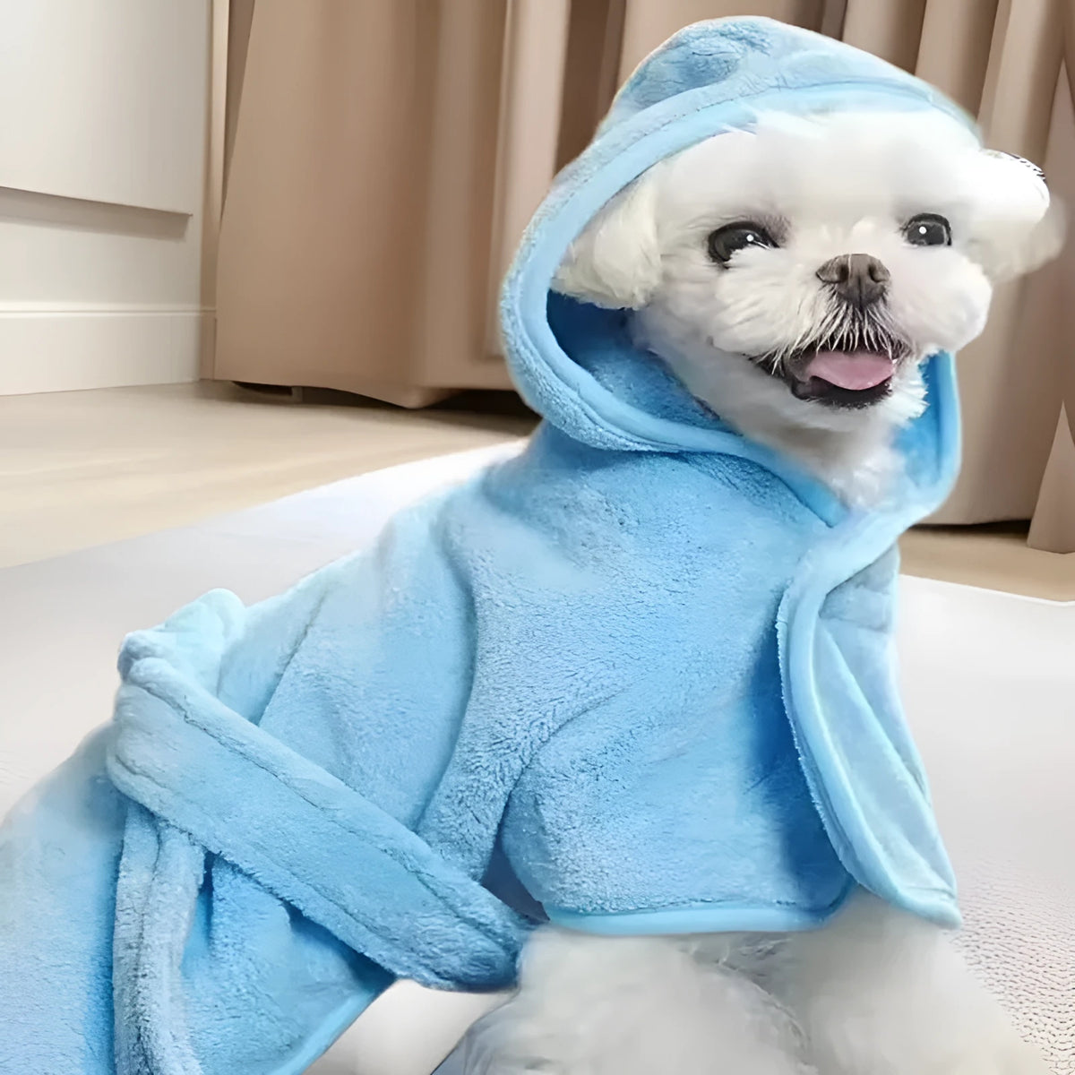 Wearable pet bath towel in thickened coral fleece with edging, shown in blue, yellow, pink, and white, sizes S M L