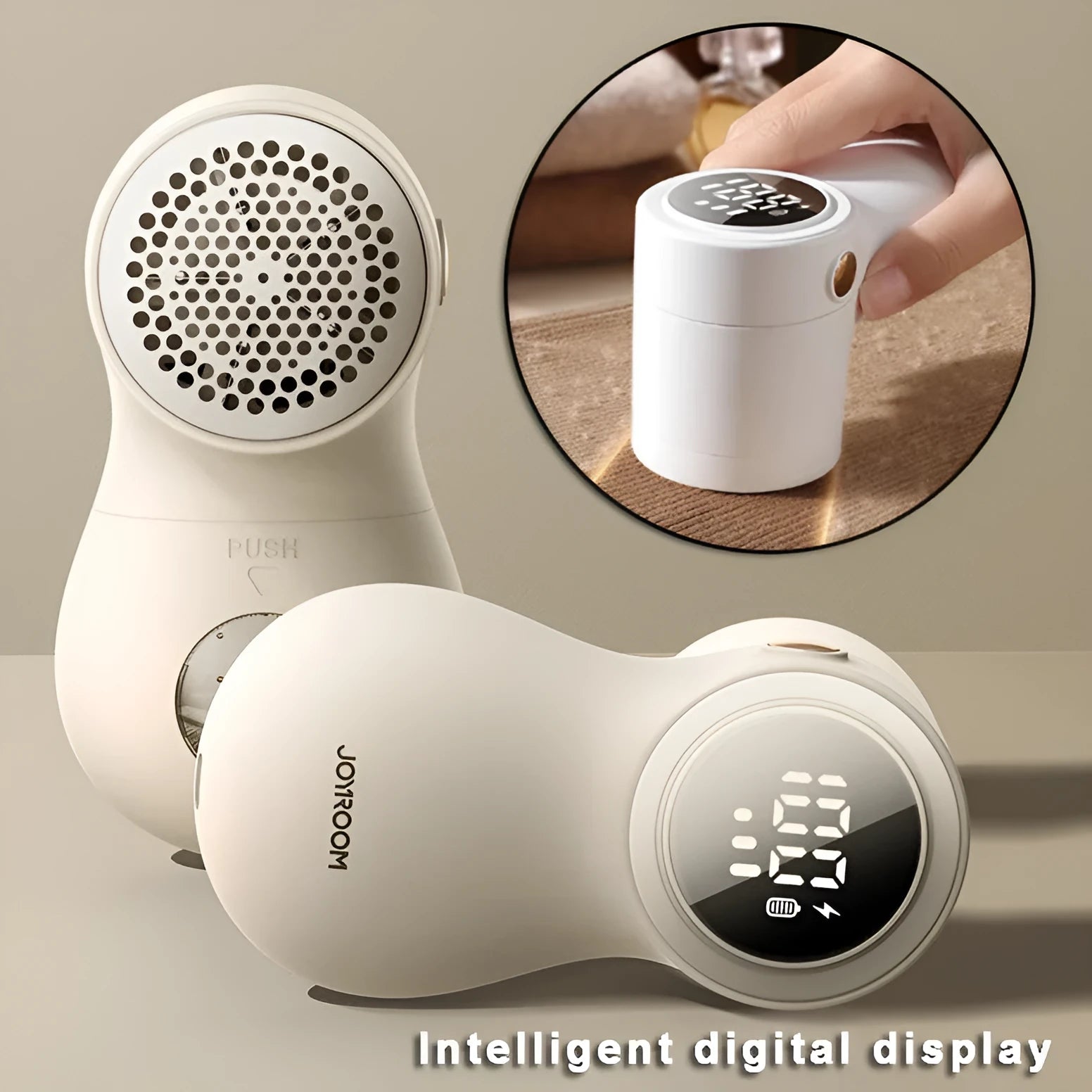 White electric lint remover with LED display showing dimensions 126x73x68mm