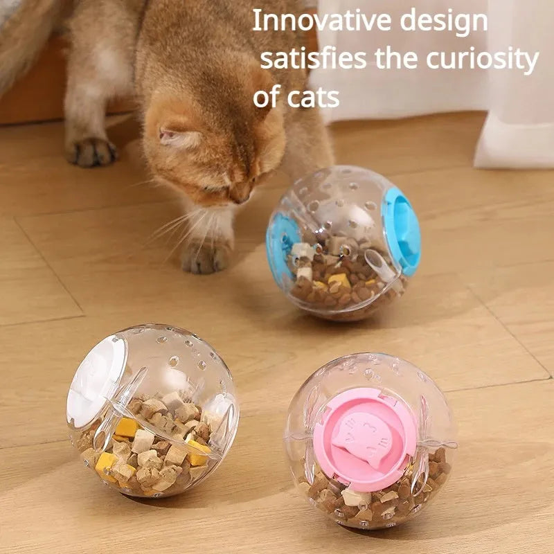 Blue pet slow feeder ball toy with food leakage holes on white background showing 11.5cm diameter
