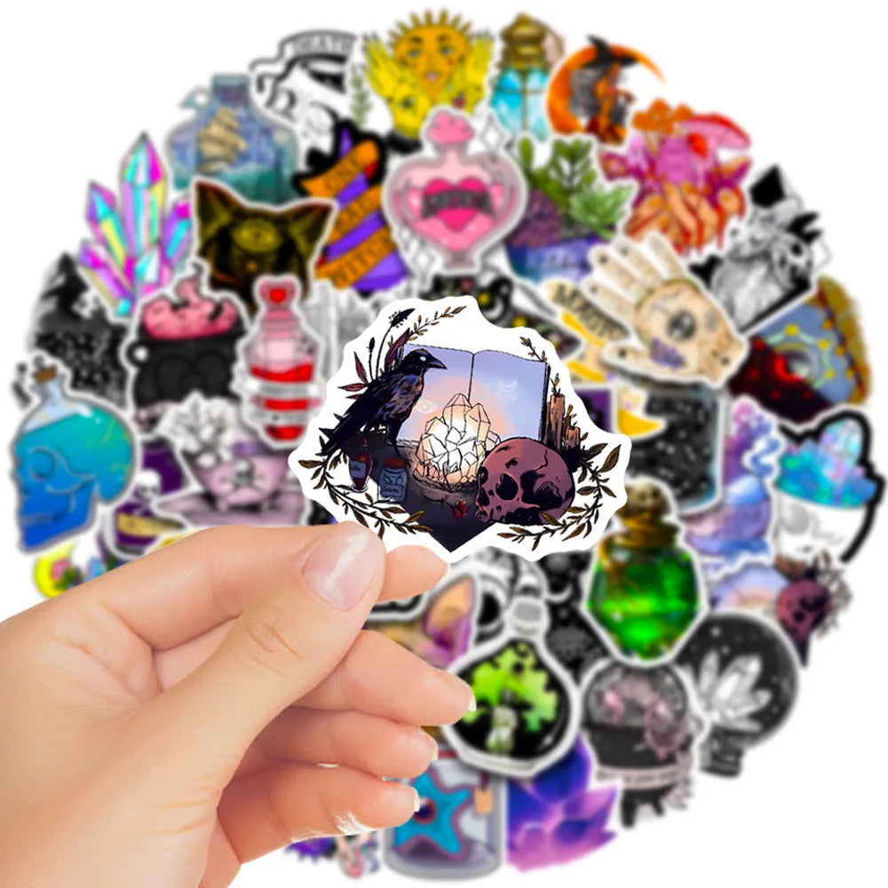 A pack of 50 colourful waterproof PVC graffiti stickers in various sizes from 3cm to 8cm.