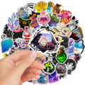 A pack of 50 colourful waterproof PVC graffiti stickers in various sizes from 3cm to 8cm.