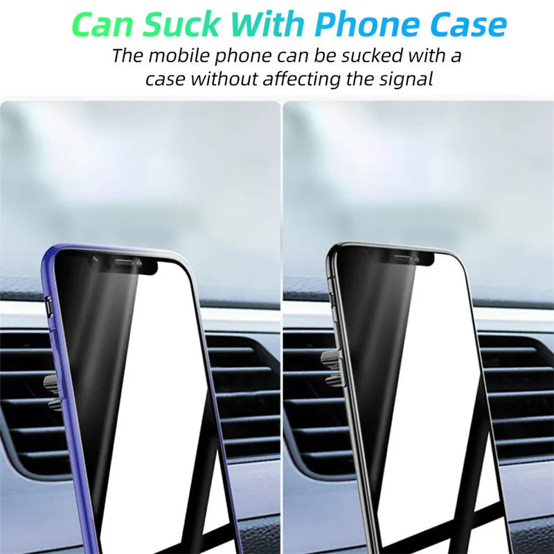 Black magnetic car air vent phone holder with adjustable head and fragrance slices attached to a vehicle vent.