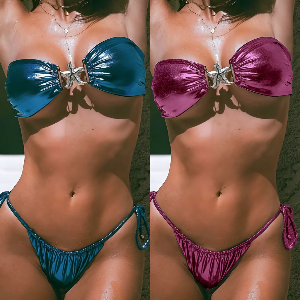 Women's glossy bikini with gold starfish pattern in sapphire blue, tube top design with long sleeves