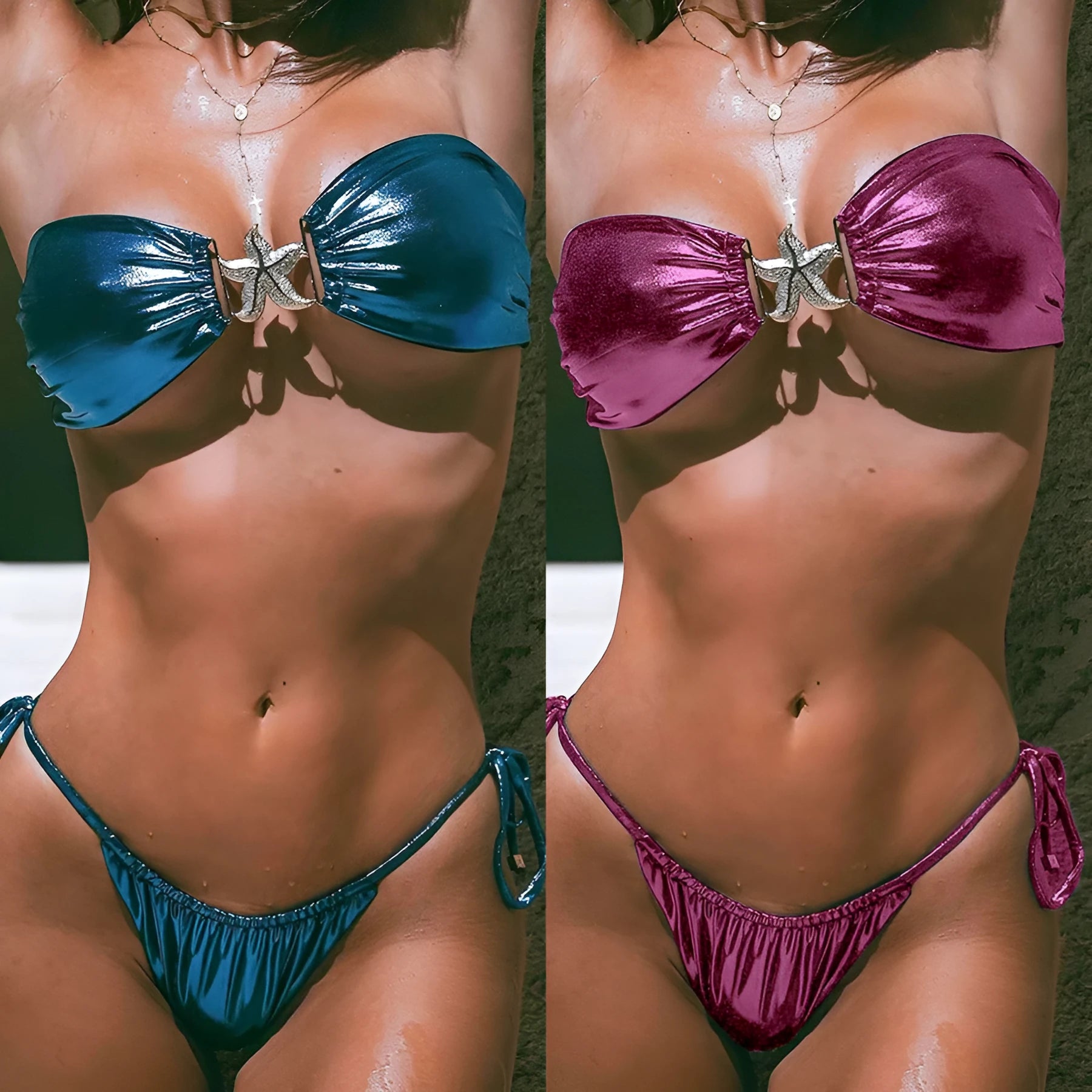 Women's glossy bikini with gold starfish pattern in sapphire blue, tube top design with long sleeves