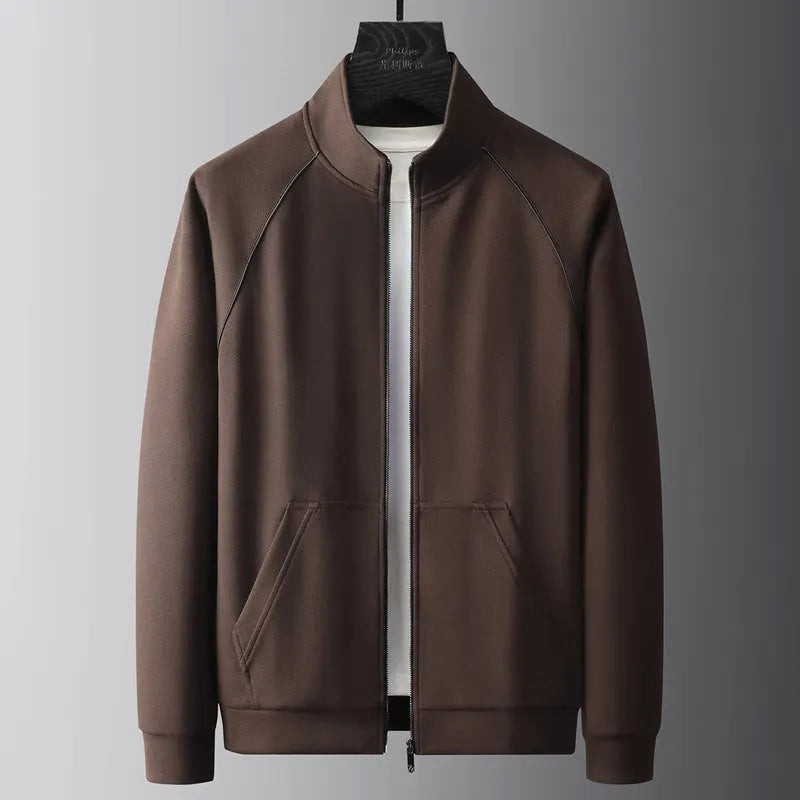 Men's stand collar slim fit sports suit jacket and trousers in coffee colour