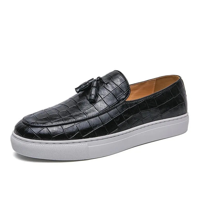 Men's wide-fit casual sneakers with tassel detail in artificial PU leather available in black, brown and white