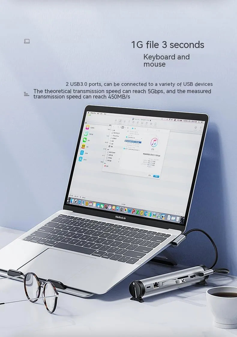 Aluminium notebook docking station bracket with USB 3.0 ports for laptop cable management on desk