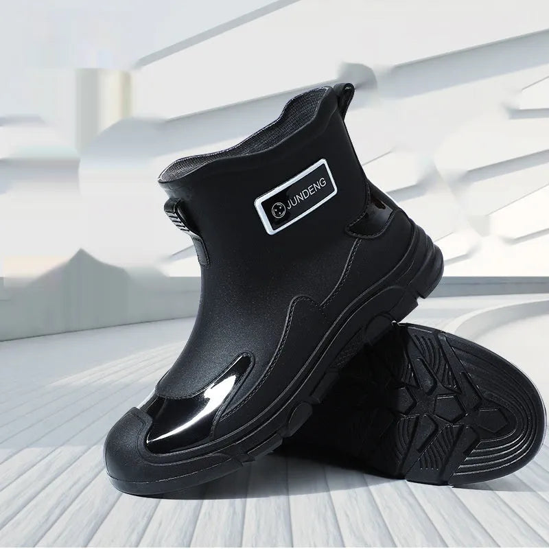 Korean style PVC waterproof boots with low tube design and integrated moulded sole in black colour