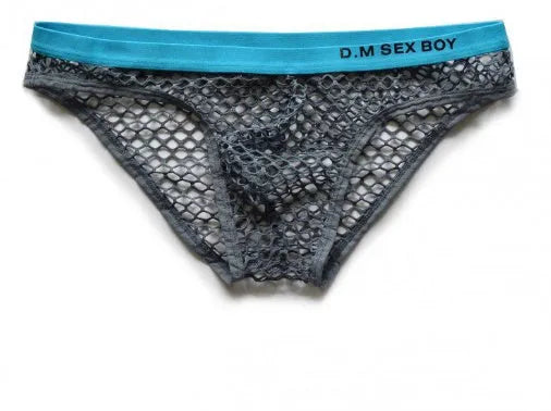 Men's mesh briefs with personalised letter option in rose red, fluorescent yellow, dark grey, and black colour options
