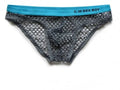 Men's mesh briefs with personalised letter option in rose red, fluorescent yellow, dark grey, and black colour options