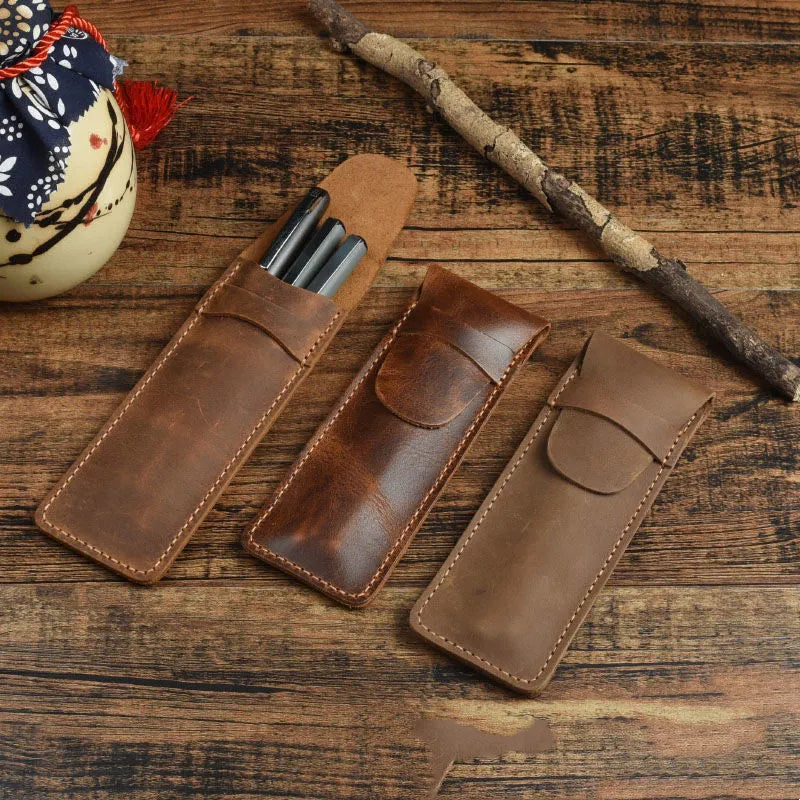 Vintage leather pencil case in square design showing black and brown colour options