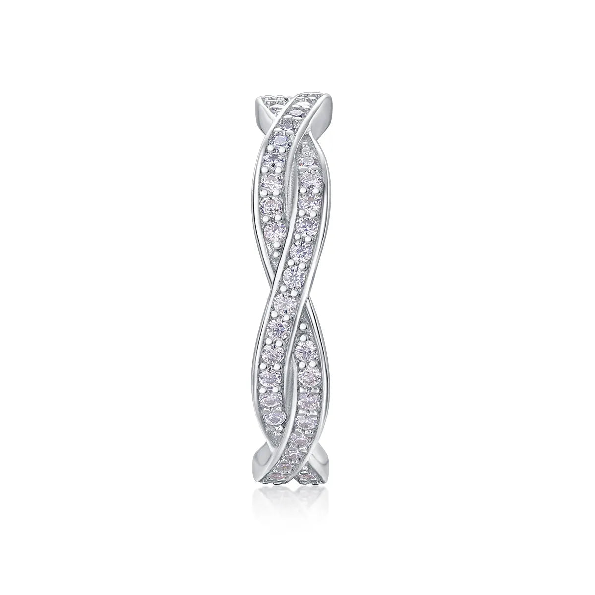 Moissanite wedding ring set in S925 silver with platinum plating on a white background
