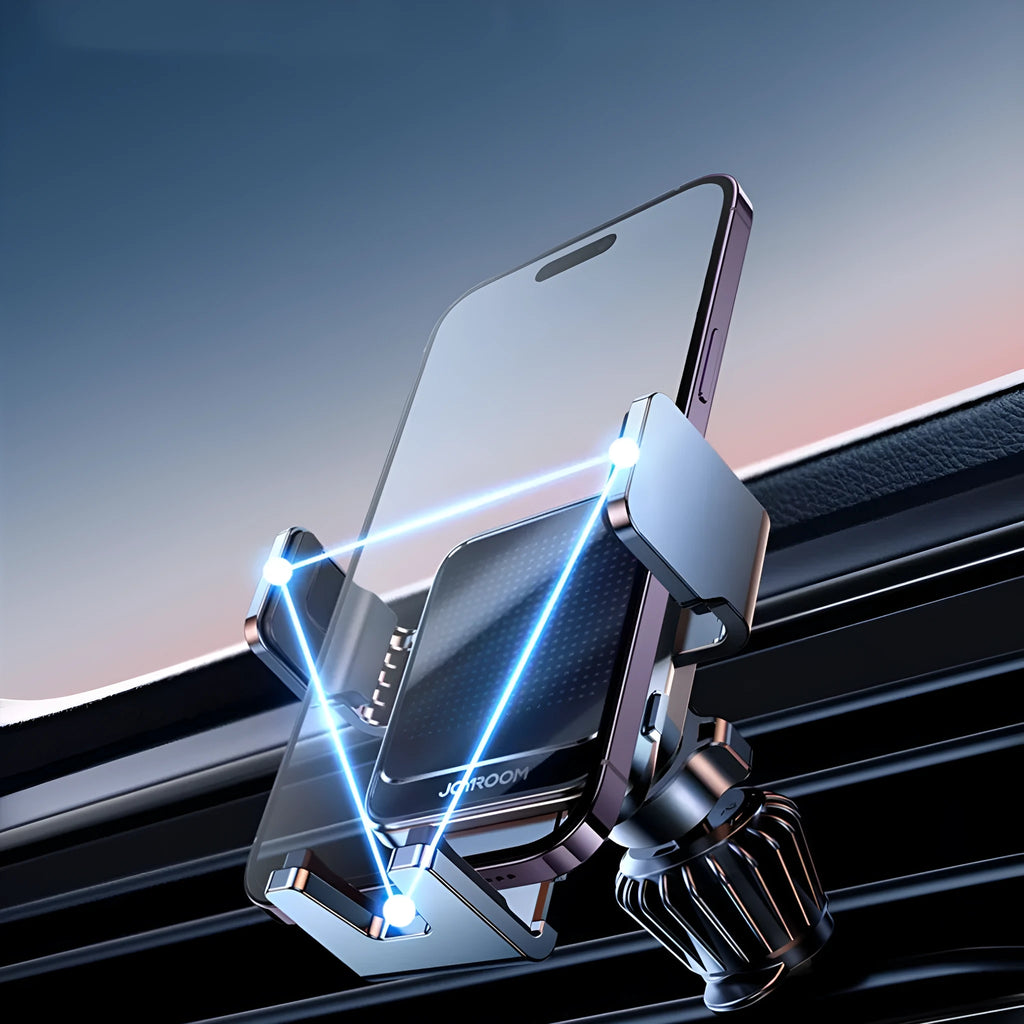 Black car wireless charging phone bracket mounted on a car air vent, showing automatic arms and included Type-C cable