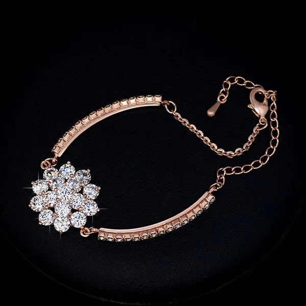 Rose gold cubic zirconia bracelet for women with adjustable 13-19cm length and cross, crown or Roman numeral design.