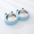 Blue stainless steel double pet bowl for cats and dogs with non-slip rubber base.