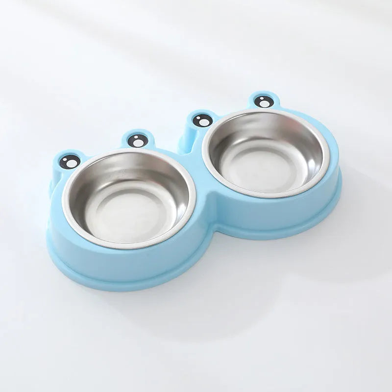 Blue stainless steel double pet bowl for cats and dogs with non-slip rubber base.