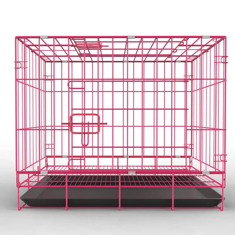 Folding dog pet cage in iron wire, shown in black, blue, and pink with five size options and a supplied plate.