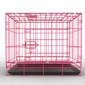 Folding dog pet cage in iron wire, shown in black, blue, and pink with five size options and a supplied plate.