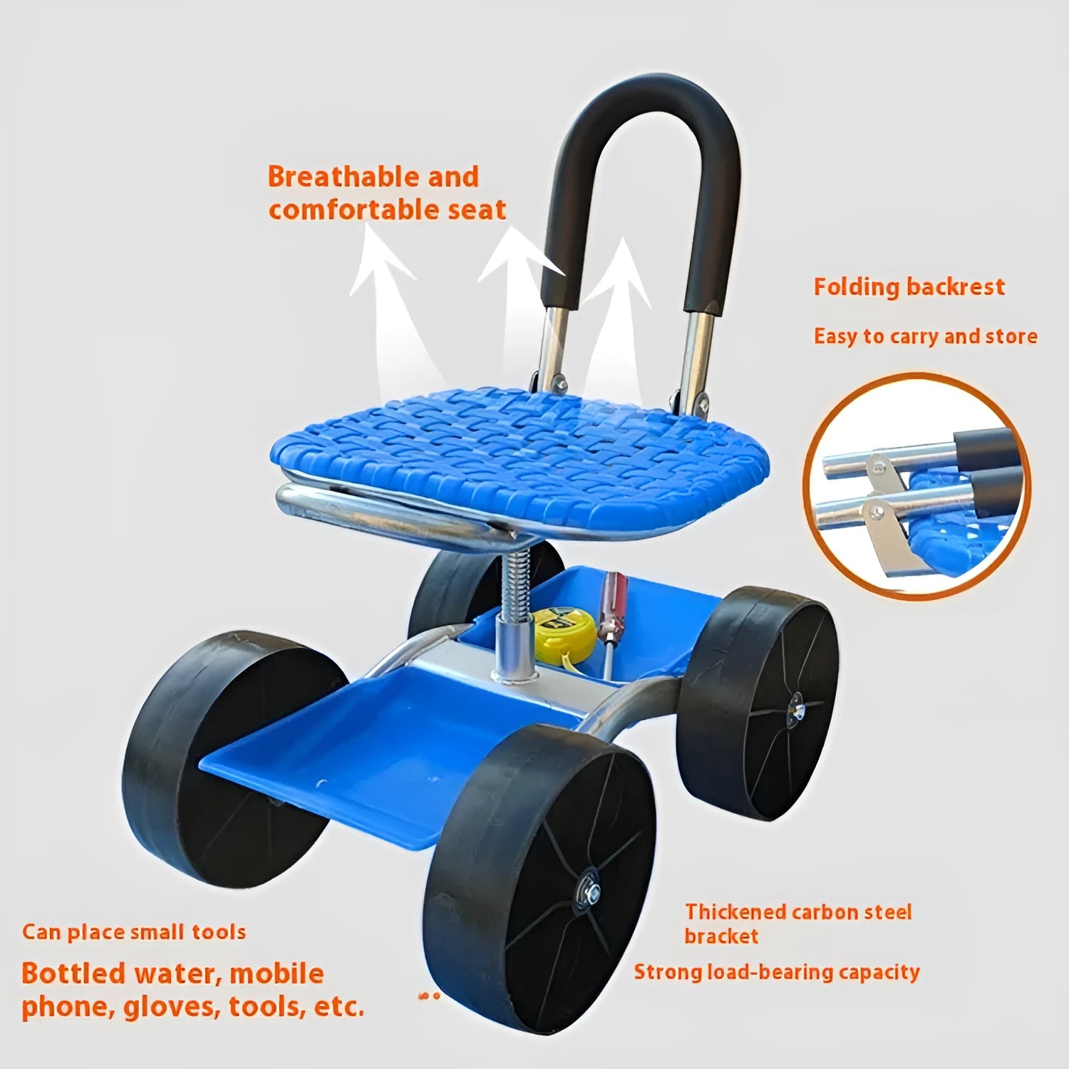 Garden mobile seat with wheels on a lawn, showing galvanized pipe frame and PP seat