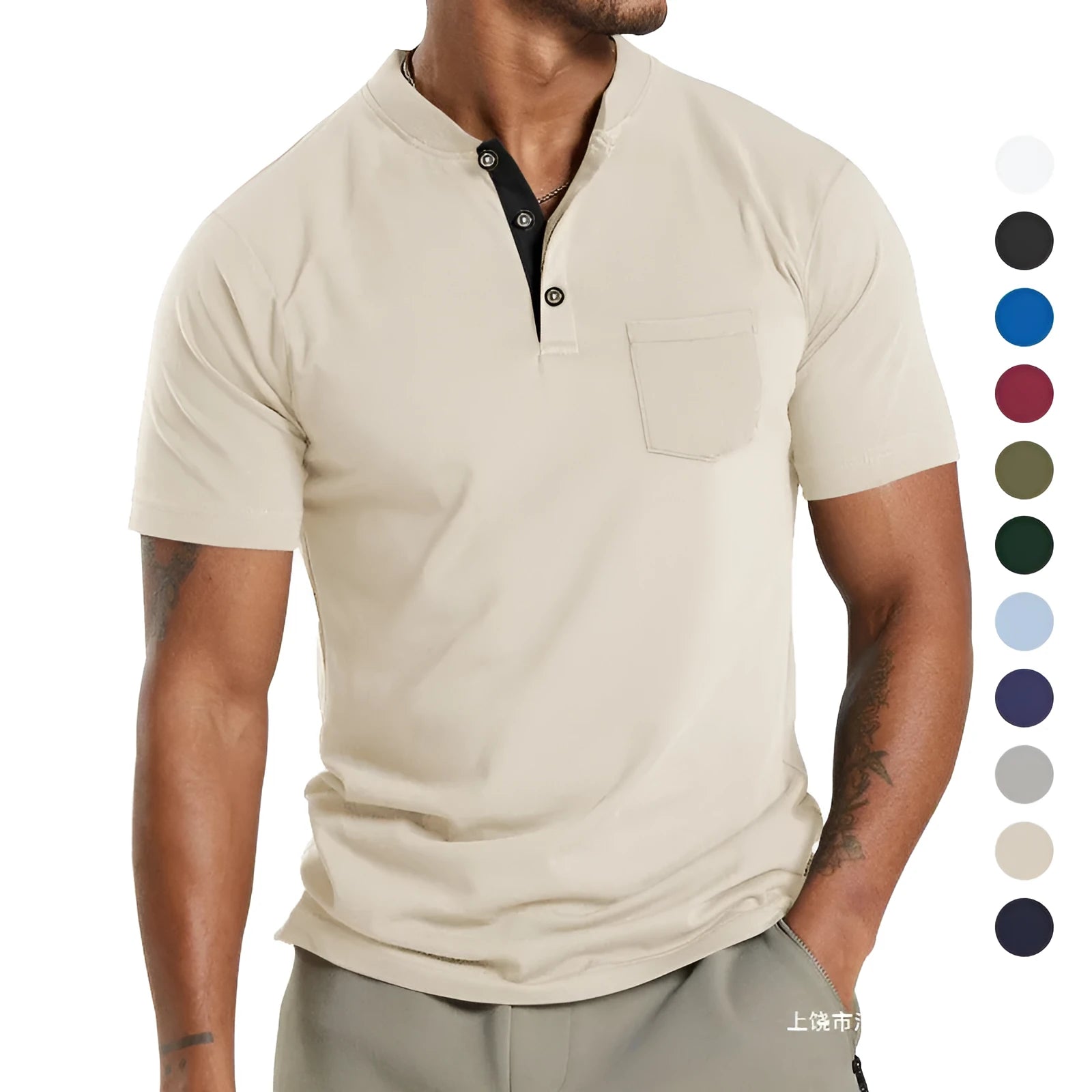 Plus size man wearing a solid colour short sleeve polyester shirt with a chest pocket.