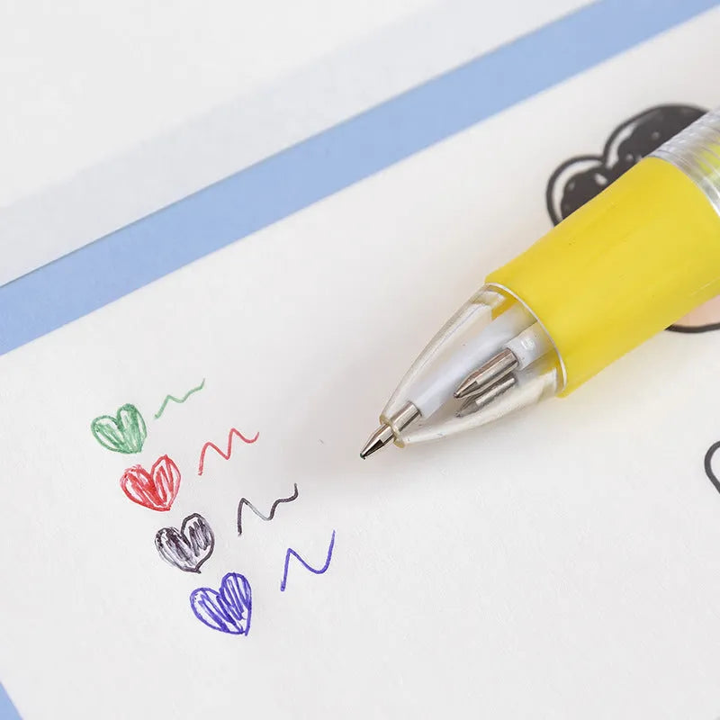 Four-colour press ballpoint pen with cartoon design showing cactus, fast food, and fruit vegetable patterns