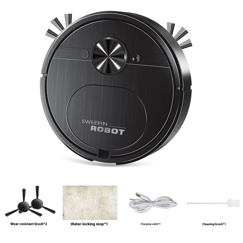 Black and white three-in-one robot vacuum cleaner with USB charging cable and cleaning accessories