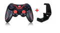 Wireless Bluetooth gamepad in black with attached bracket holding a smartphone