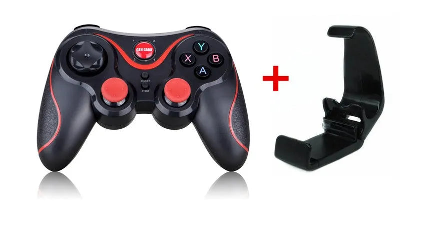 Wireless Bluetooth gamepad in black with attached bracket holding a smartphone
