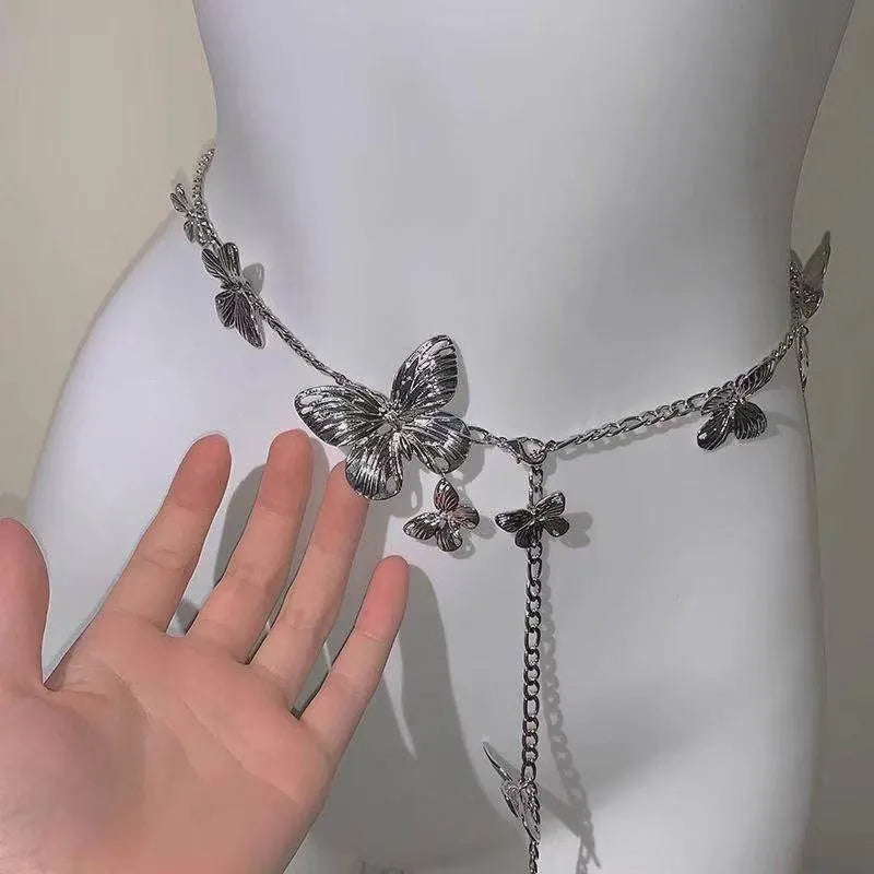 Alloy waist chain with butterfly design in gold or silver colour, 104cm length