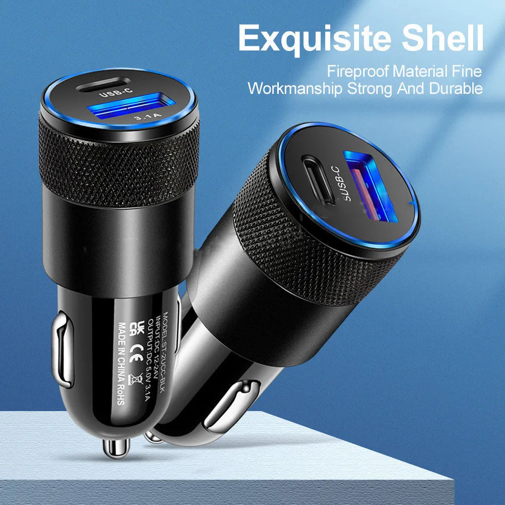 Aluminium alloy twin USB car charger shown in black, plugged into a car dashboard 12V socket.