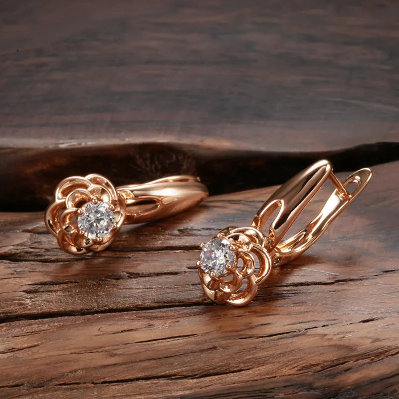 Pair of 585 rose gold flower-shaped stud earrings on copper base, H0513 colour, women's style