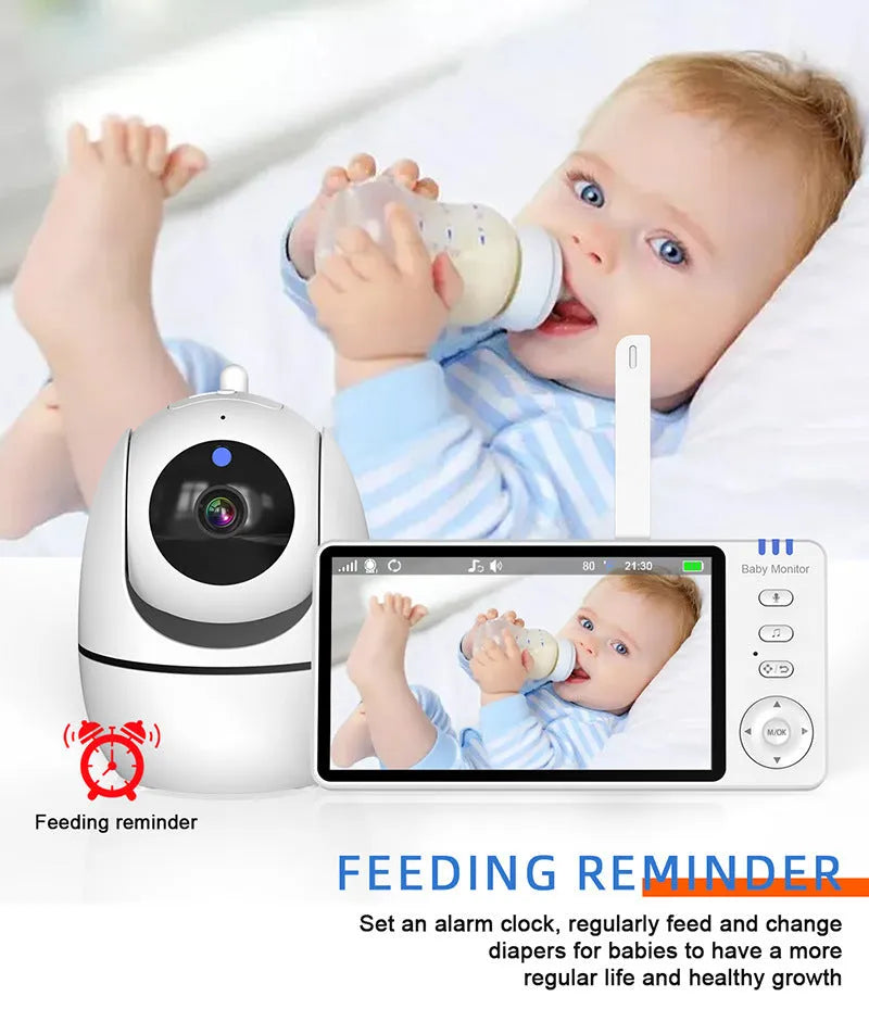 White HD wireless baby monitor with 5-inch screen showing baby room display