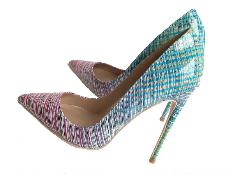 Women's pink and blue gradient patent leather pointed toe stiletto heels on a white background