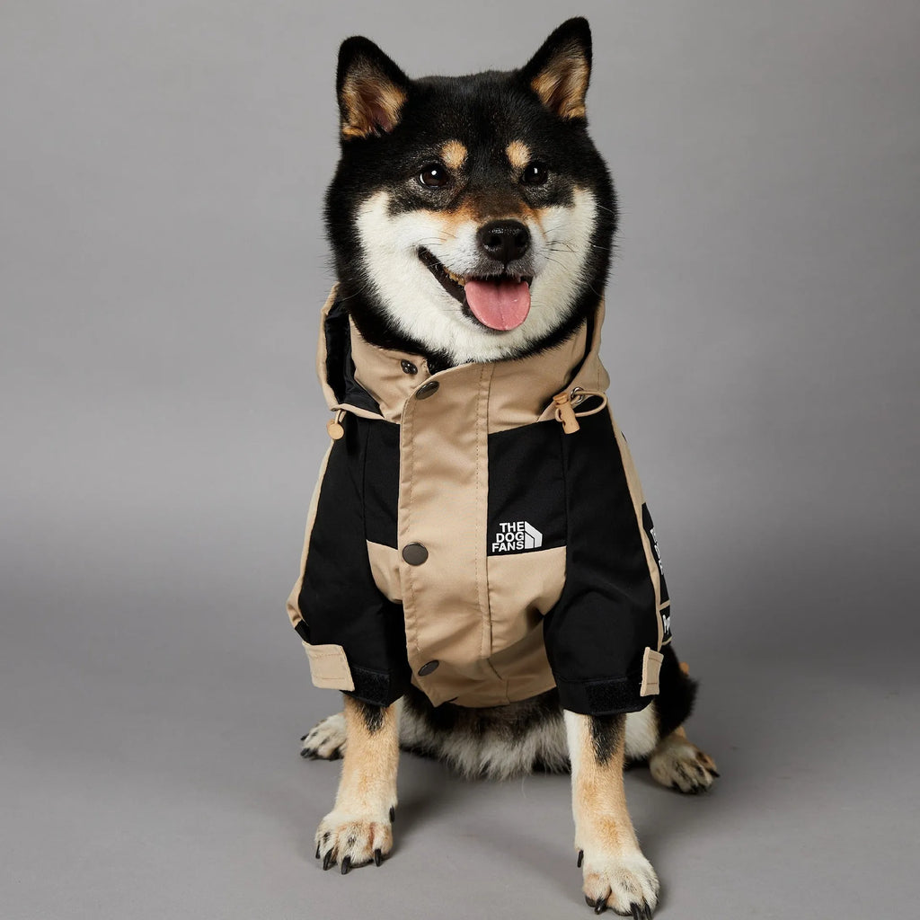 Khaki coloured polyester shell jacket for dogs showing lightweight construction