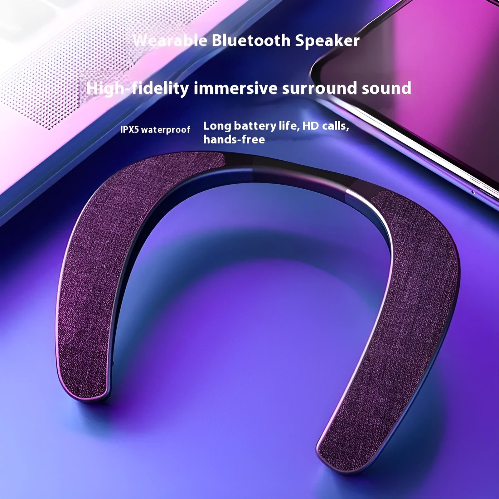 Neck-mounted stereo wireless Bluetooth speaker in black with USB charging port on a clean background.