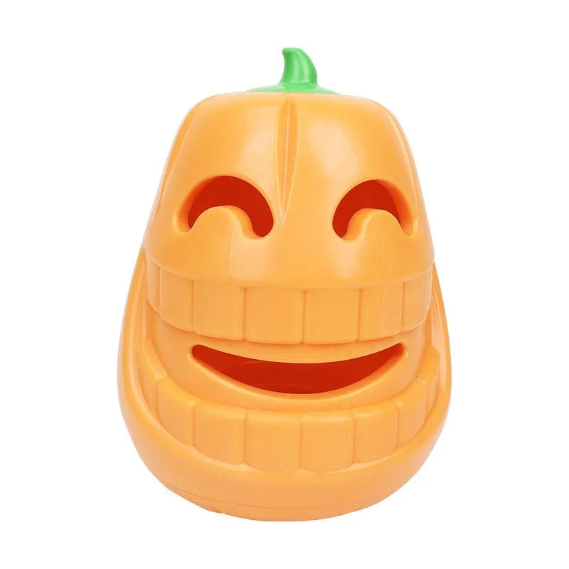 Orange Halloween pumpkin shaped interactive dog chew toy with treat-dispensing funnel
