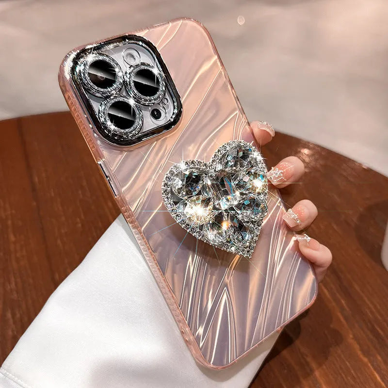 Silicone phone case with rhinestone love bracket and lens protector for iPhone in silver