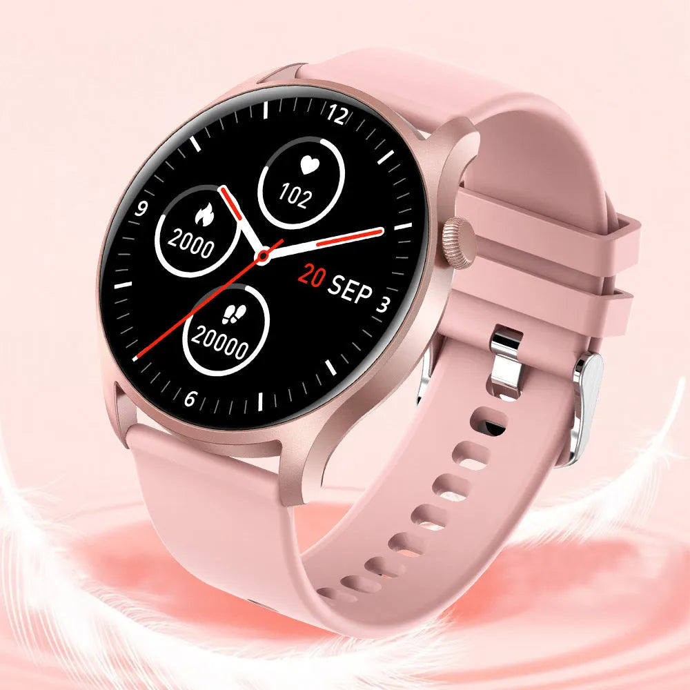 Smart watch with colour screen displaying heart rate and blood pressure metrics on silicone wristband