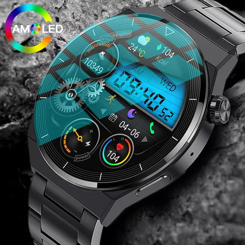 Black silicone strap smartwatch with silver case vinyl, showing TFT touch screen displaying heart rate data