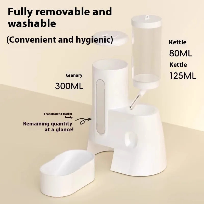 White hamster automatic drinking bottle feeder with integrated blue food bowl for small pet cage.
